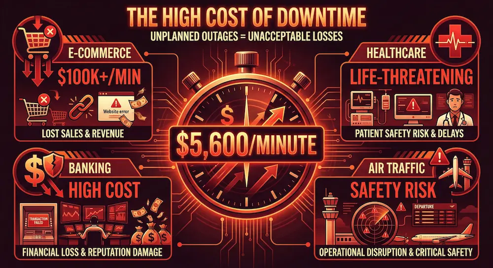Downtime cost statistics infographic showing financial impact across industries with per-minute cost breakdowns and critical service risks