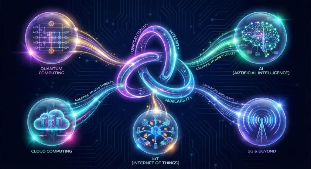 Future technologies impacting CIA Triad security including quantum computing, AI, IoT, cloud computing, and 5G networks