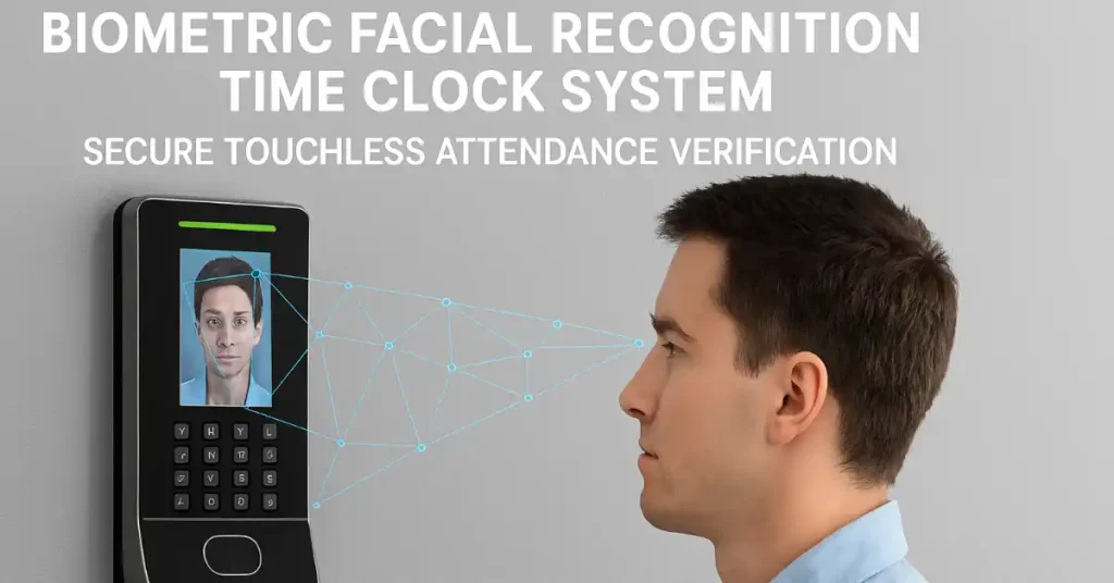 Balancing Privacy and Verification in Employee Attendance Hardware 9 Biometric facial recognition time clock system scanning employee face for secure touchless attendance verification