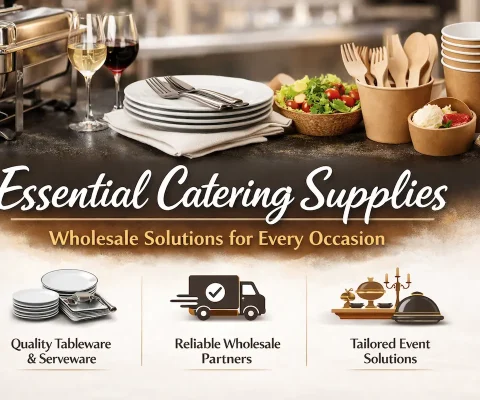 Essential Catering Supplies Displayed With Chafing Dishes, Tableware, Eco-Friendly Disposables, And Glassware Showcasing Wholesale Solutions For Events.
