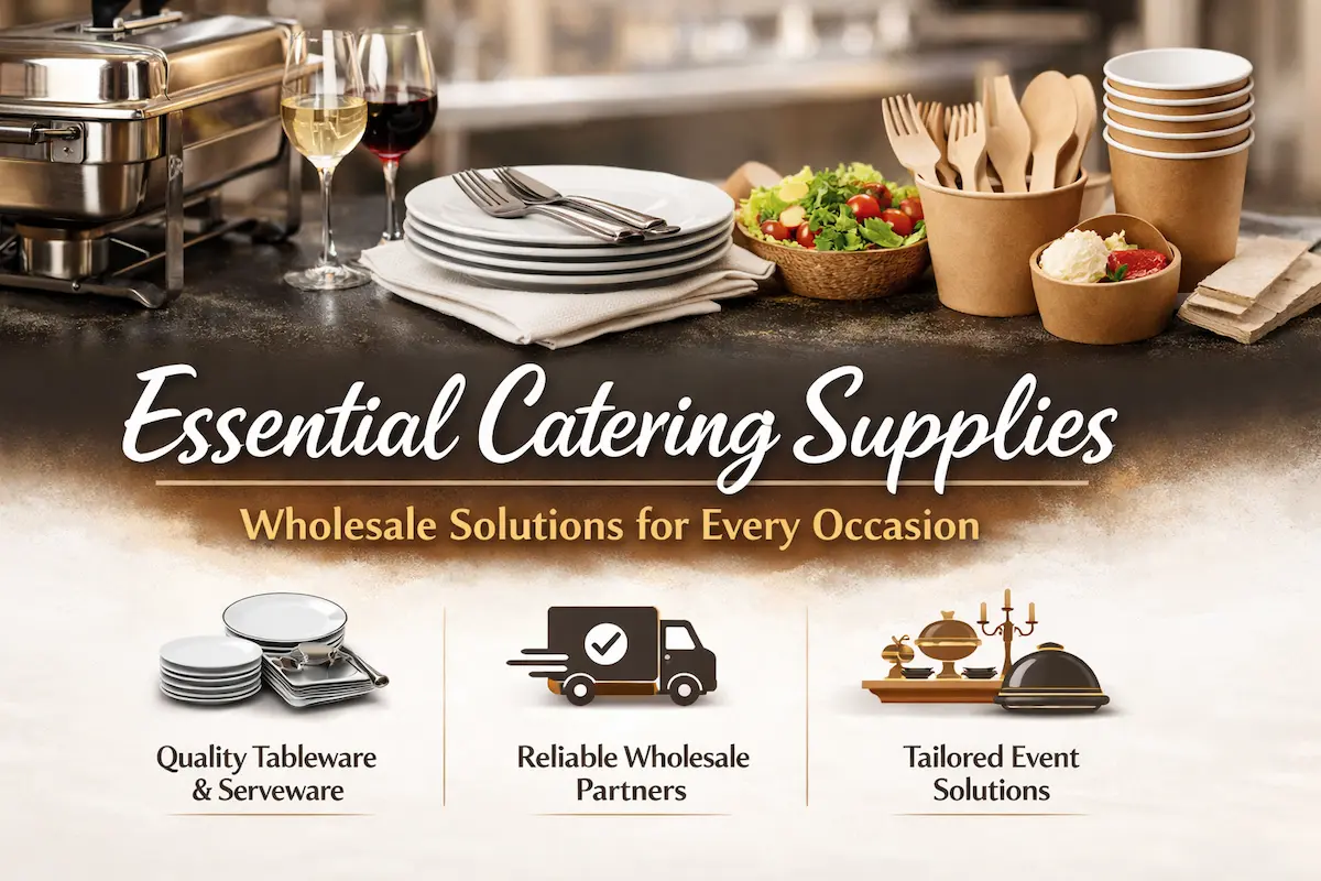 Essential catering supplies displayed with chafing dishes, tableware, eco-friendly disposables, and glassware showcasing wholesale solutions for events.