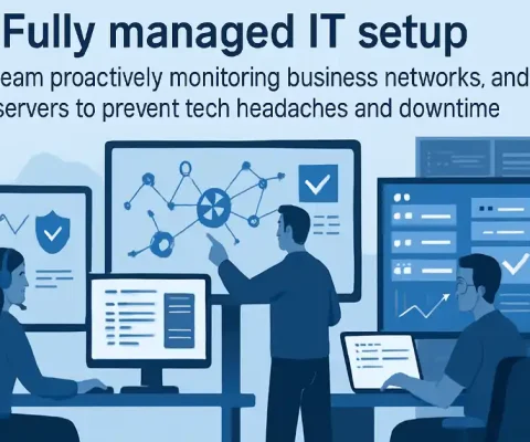 Fully Managed It Setup Showing Msp Team Proactively Monitoring Business Networks And Servers To Prevent Tech Headaches And Downtime