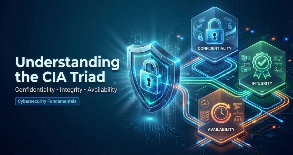 CIA Triad cybersecurity framework showing the three pillars of information security: Confidentiality, Integrity, and Availability