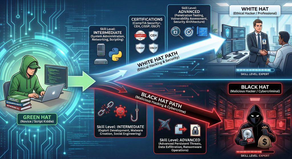 Types of Hackers: White Hat, Black Hat, Grey Hat, and Beyond 3 Green hat Types of Hackers: White Hat, Black Hat, Grey Hat, and Beyond