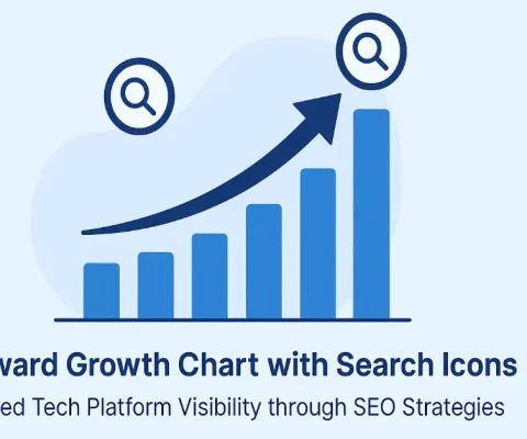 Illustration Of Upward Growth Chart With Search Icons Representing Boosted Tech Platform Visibility Through Seo Strategies.
