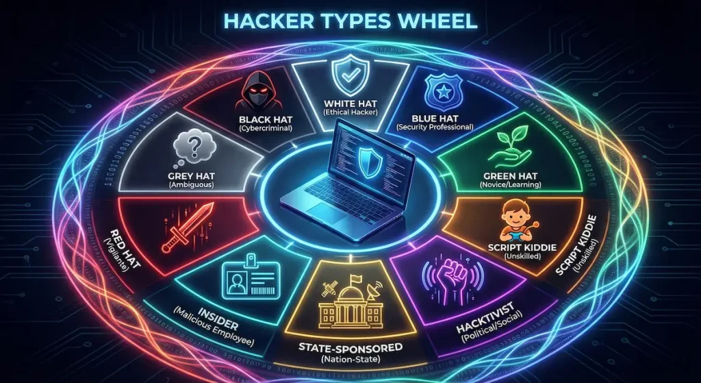 Types of Hackers: White Hat, Black Hat, Grey Hat, and Beyond 5 Comprehensive diagram of 10 different types of hackers with their distinctive characteristics and symbols