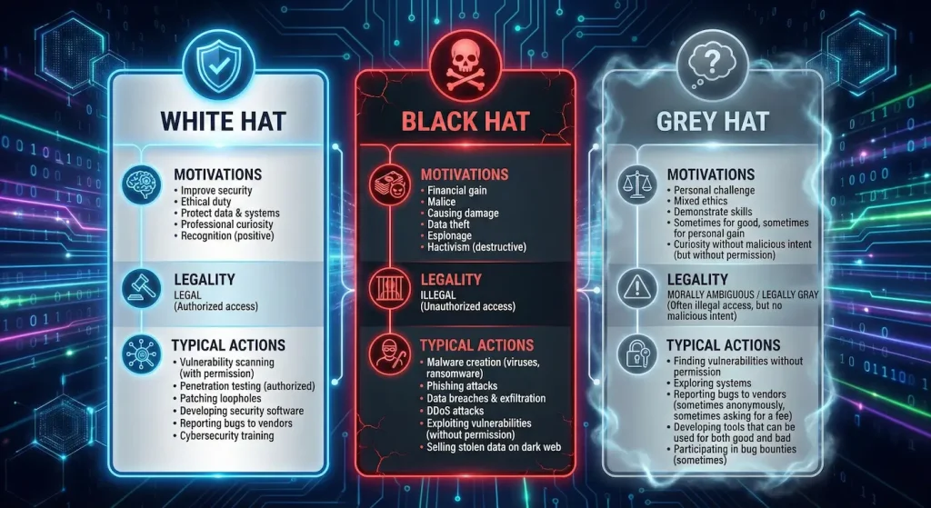 Types of Hackers: White Hat, Black Hat, Grey Hat, and Beyond 2 Comparison chart of white hat vs black hat vs grey hat hackers showing their characteristics and motivations