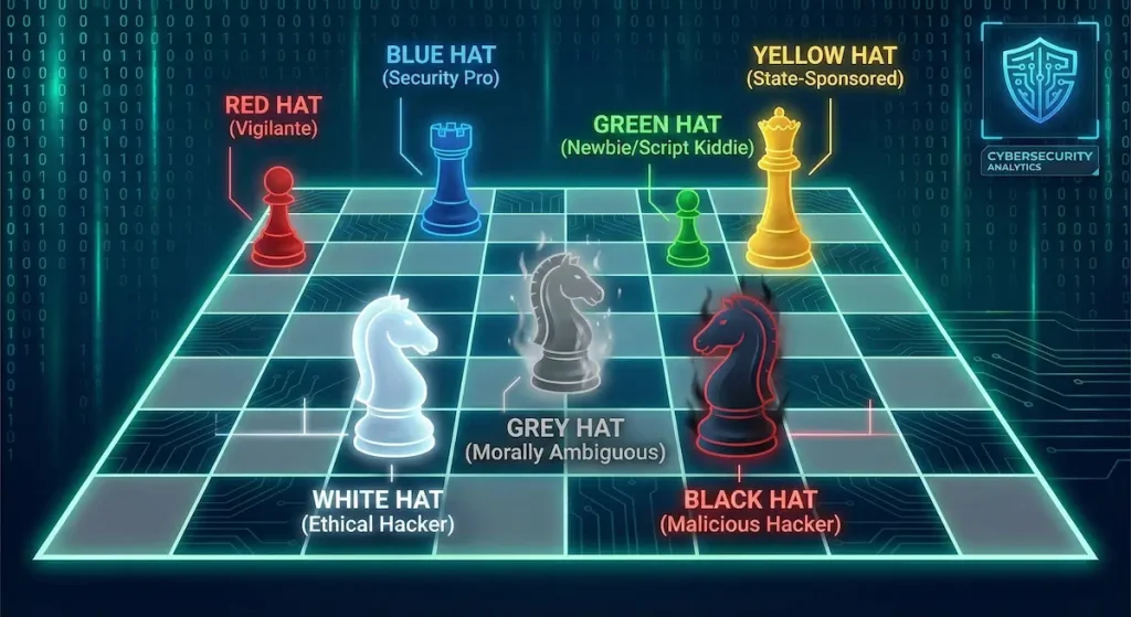 Types of Hackers: White Hat, Black Hat, Grey Hat, and Beyond 1 Different types of hackers represented as chess pieces showing white hat, black hat, grey hat and other hacker categories