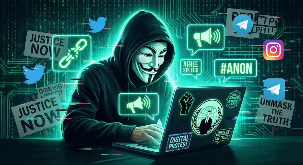 Types of Hackers: White Hat, Black Hat, Grey Hat, and Beyond 4 Hacktivist working on political cyber activism campaign with protest symbols and hacking tools