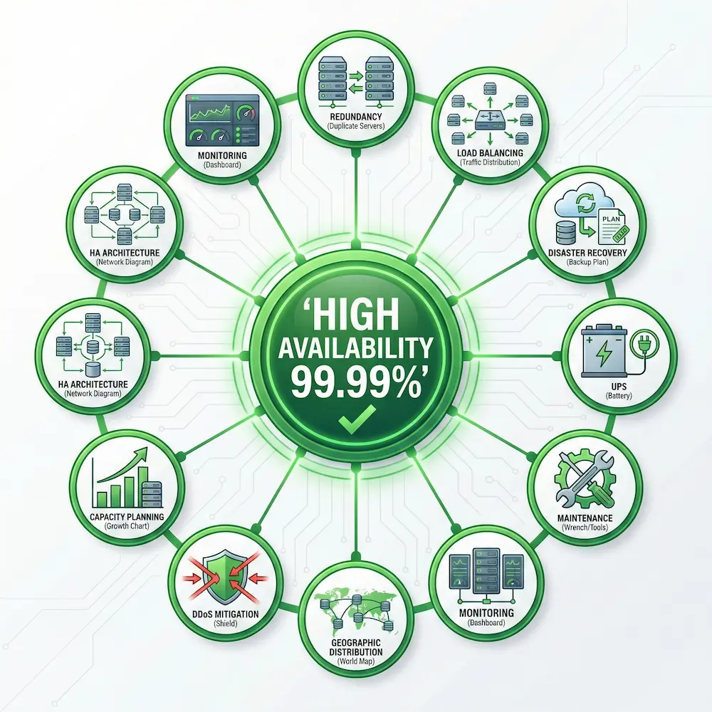 Comprehensive availability protection strategies infographic showing ten methods for ensuring continuous system uptime and service availability