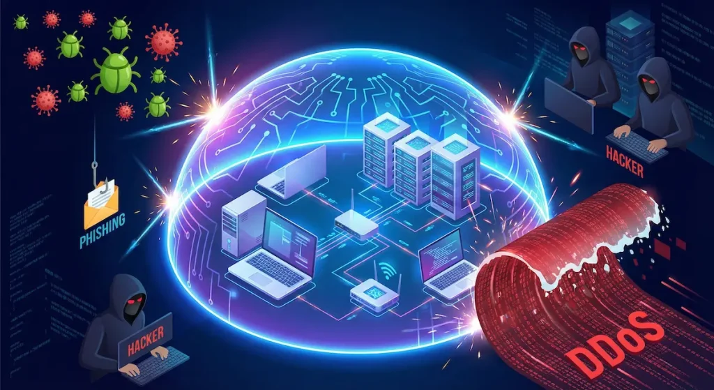 What is Information Security vs Cybersecurity: Key Differences 3 Cybersecurity shield defending against digital threats including malware and hacking attempts