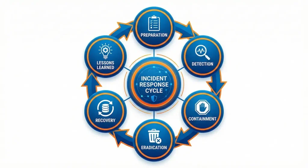 Six-phase incident response lifecycle showing preparation, detection, containment, eradication, recovery, and lessons learned in continuous improvement cycle
