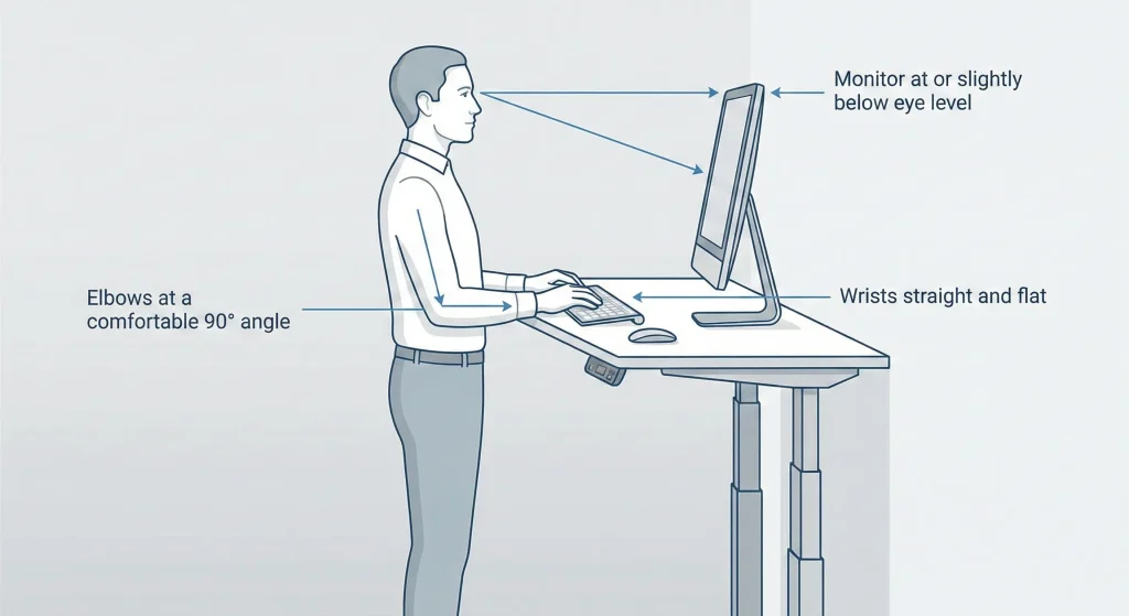 An ergonomic diagram illustrating proper standing desk posture. Arrows point to key alignements: the monitor is "at or slightly below eye level," elbows are at a "comfortable 90° angle," and wrists are kept "straight and flat" while typing.
