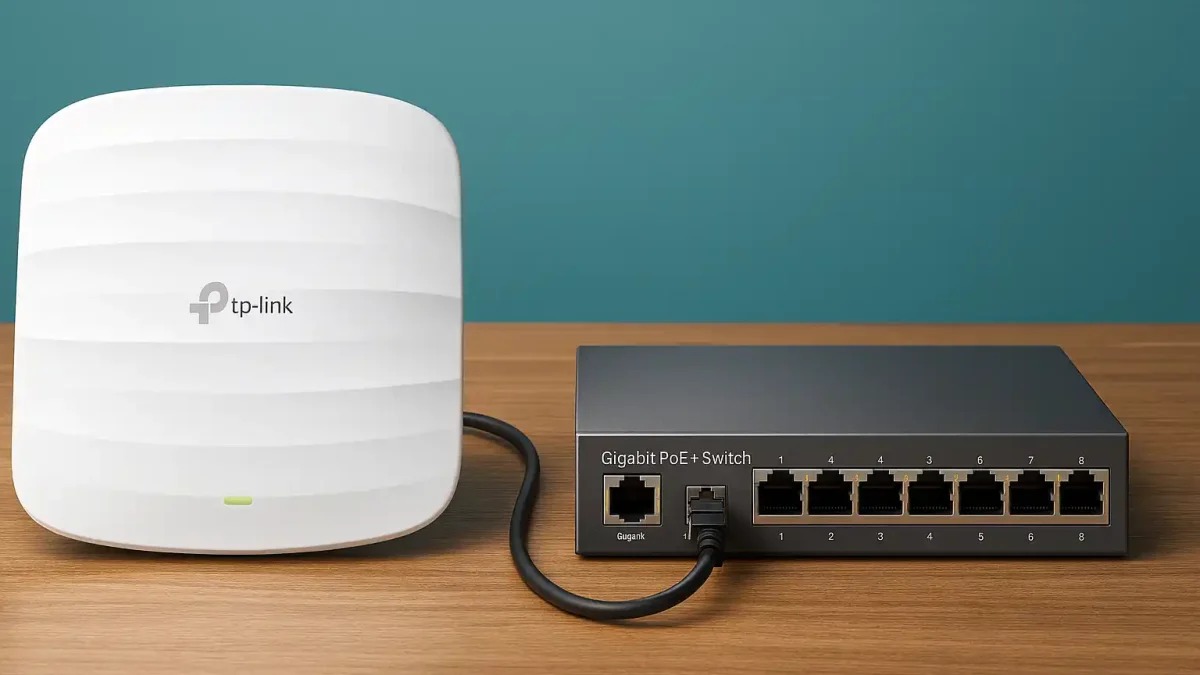 TP-Link wireless access point connected to gigabit PoE network switch on wooden table with teal background