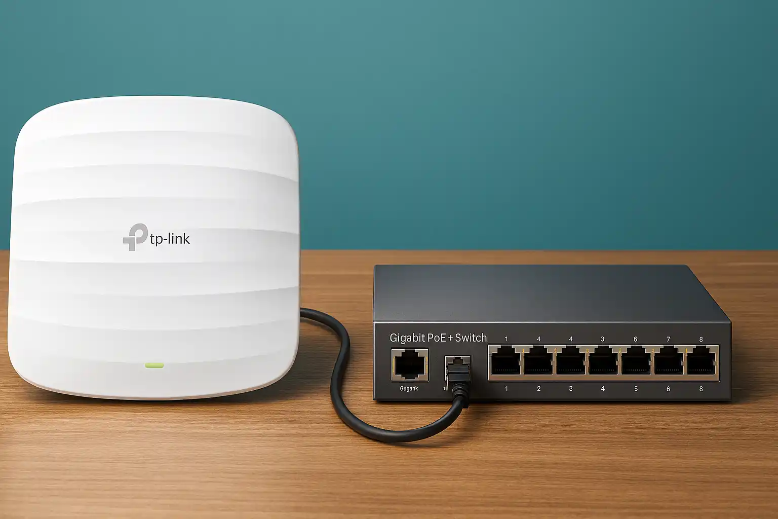 TP-Link wireless access point connected to gigabit PoE network switch on wooden table with teal background