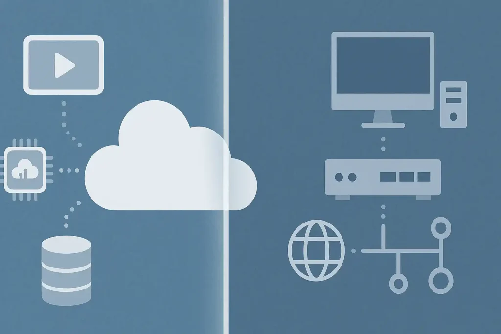Illustration of an invisible barrier dividing cloud computing icons and traditional network infrastructure elements.