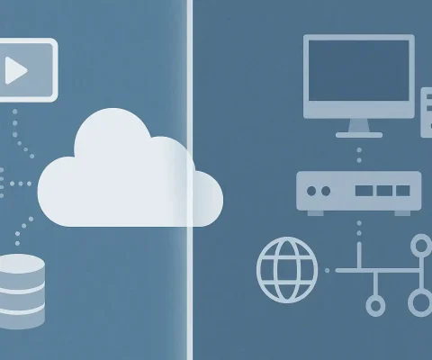 Illustration Of An Invisible Barrier Dividing Cloud Computing Icons And Traditional Network Infrastructure Elements.