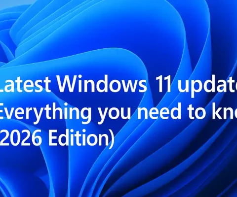 Banner For Latest Windows 11 Updates 2026 Edition With Blue Wave Background And Windows Logo