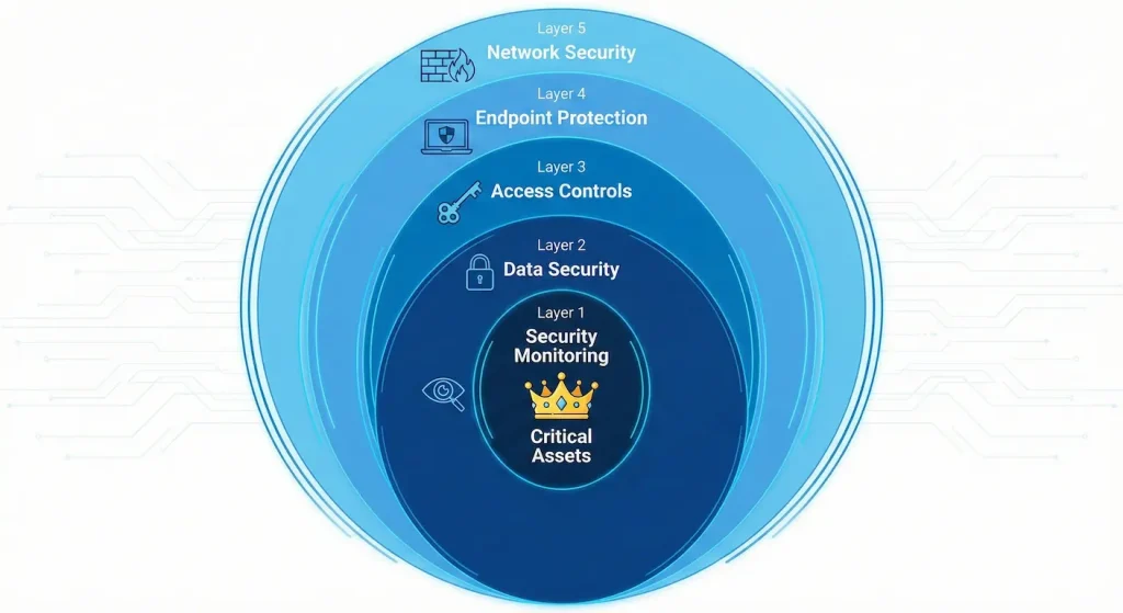 Defense in depth cybersecurity model showing five layers of security protecting critical business assets from external threats