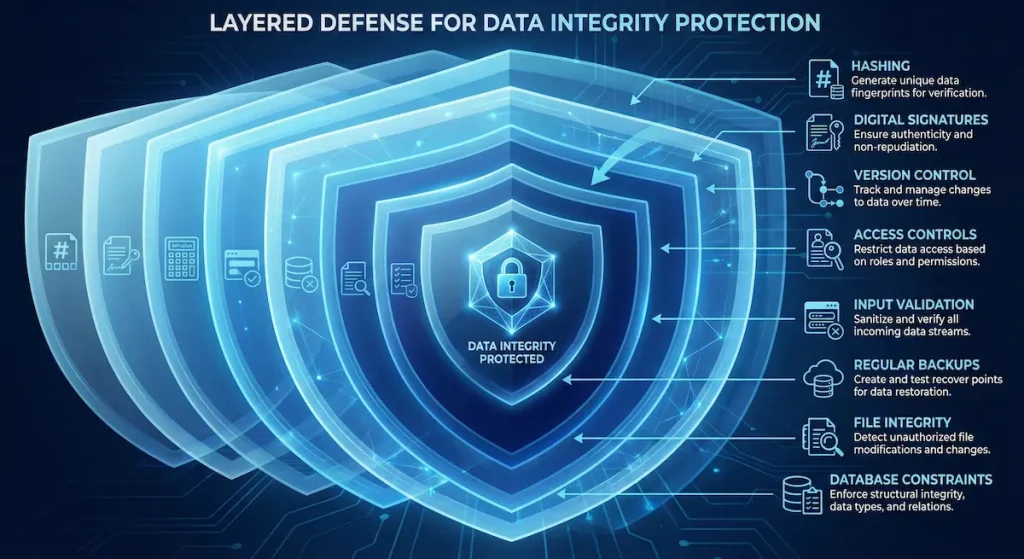 Layered defense infographic showing nine comprehensive methods for protecting data integrity from corruption and tampering