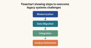 Flowchart showing steps to overcome legacy systems challenges including modernization, data migration, integration, and gradual retirement.
