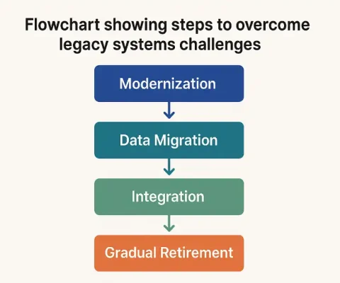 Flowchart Showing Steps To Overcome Legacy Systems Challenges Including Modernization, Data Migration, Integration, And Gradual Retirement.
