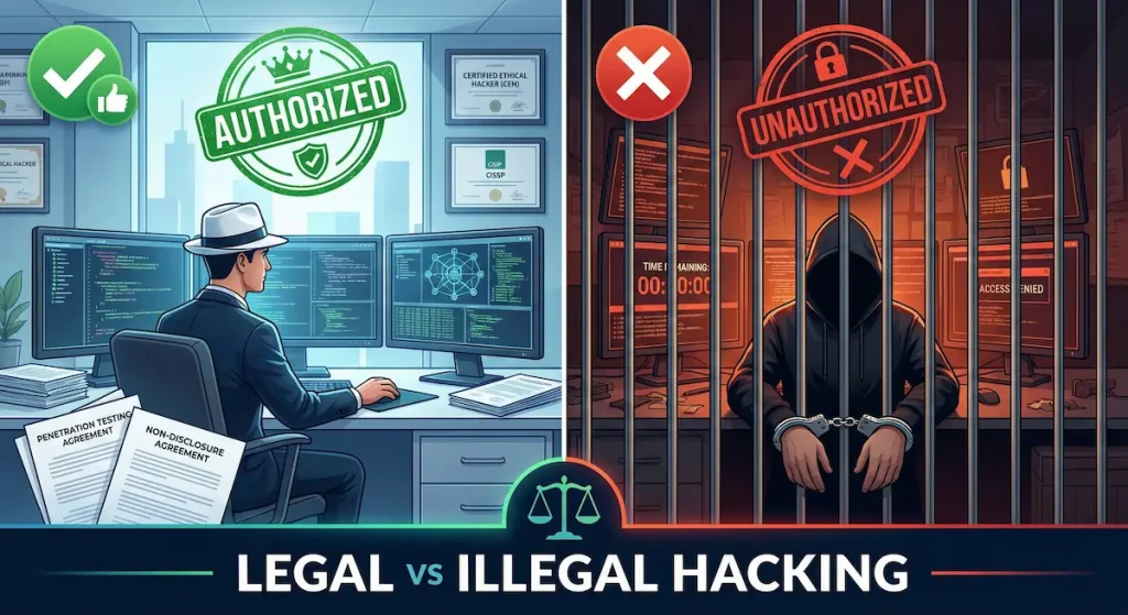 Types of Hackers: White Hat, Black Hat, Grey Hat, and Beyond 6 Legal vs illegal hacking comparison showing authorized ethical hacking versus criminal unauthorized access