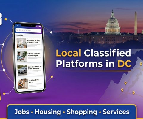 Graphic For &Quot;Local Classified Platforms In Dc&Quot;, Featuring A Smartphone Displaying A Classifieds App Interface, A Map Of The Washington Dc Area With Location Pins, Icons For Jobs, Housing, Vehicles, And Shopping, And The Us Capitol Building And Washington Monument In The Background At Dusk.