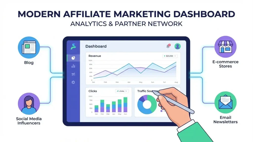 Illustration of a modern affiliate marketing dashboard with analytics graphs and partner network connections.