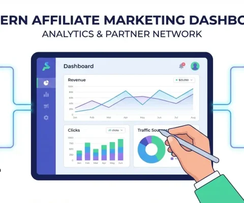 Illustration Of A Modern Affiliate Marketing Dashboard With Analytics Graphs And Partner Network Connections.