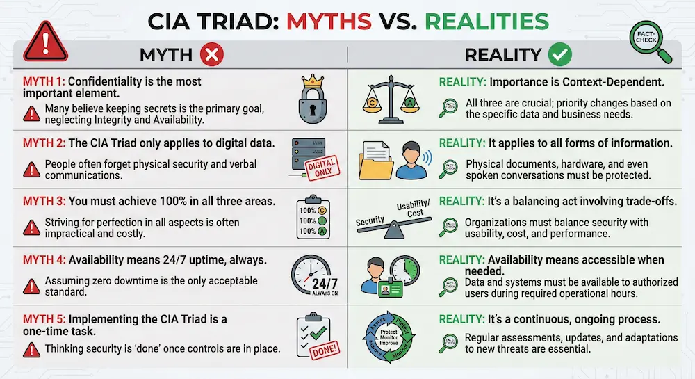 CIA Triad myths versus reality infographic debunking five common misconceptions about information security principles"