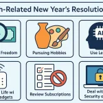 Infographic Illustrating Tech-Related New Year'S Resolutions For Financial Freedom, Hobbies, Less Ai Use, Smart Gadgets, Subscription Reviews, And Data Security.