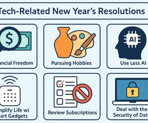 Infographic Illustrating Tech-Related New Year'S Resolutions For Financial Freedom, Hobbies, Less Ai Use, Smart Gadgets, Subscription Reviews, And Data Security.