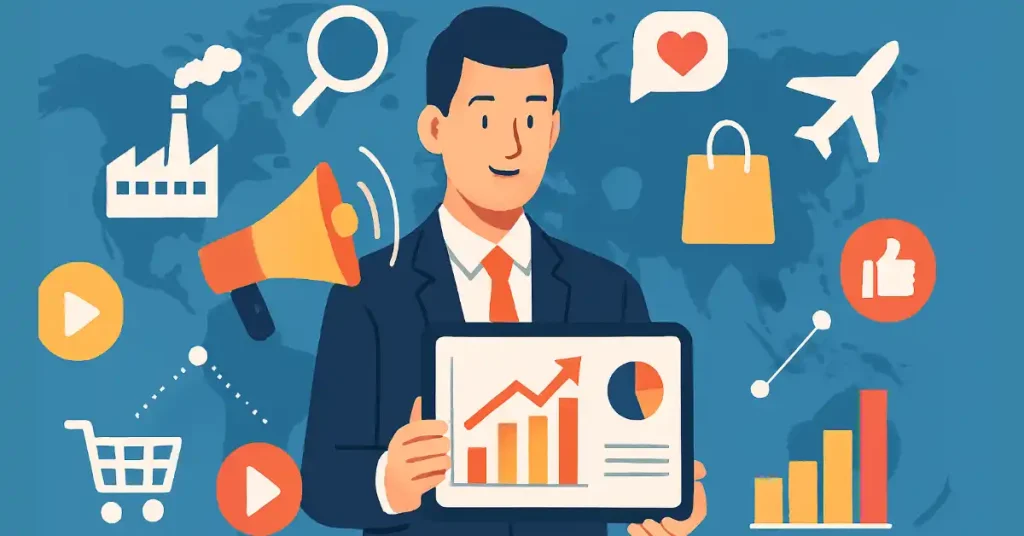 Insights from thriving industries optimizing online marketing strategies with digital tools and consumer engagement icons.