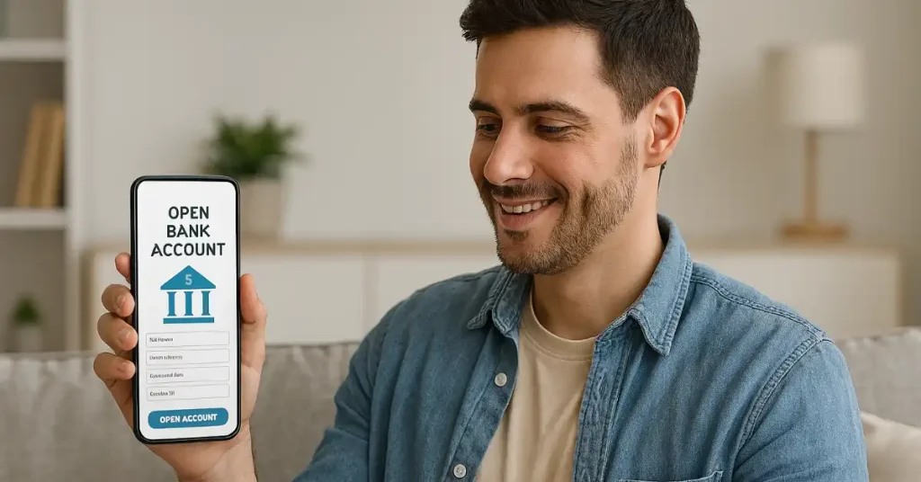 Person opening bank account online from home using smartphone app