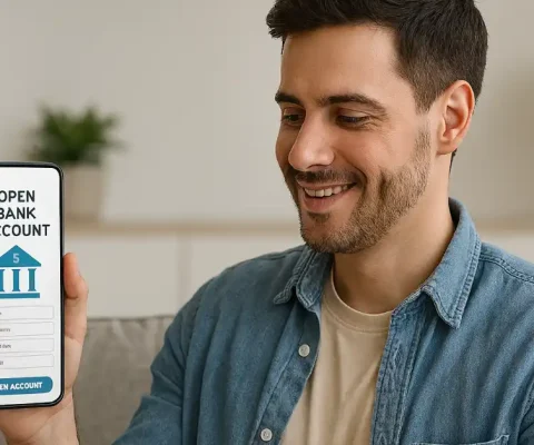 Person Opening Bank Account Online From Home Using Smartphone App