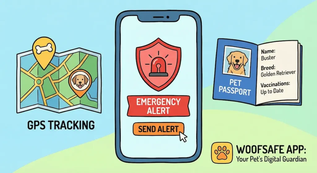 A cartoon illustration showing a smartphone with an "EMERGENCY ALERT" screen. To the left is a "GPS TRACKING" map icon, and to the right is a "PET PASSPORT" icon. Text at the bottom right reads "WOOFSAFE APP: Your Pet's Digital Guardian.