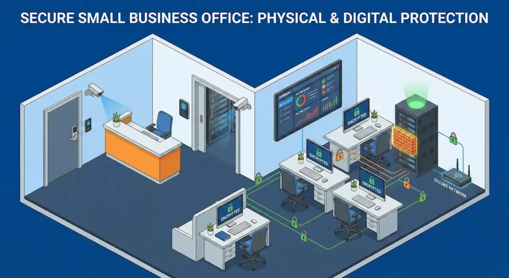 What is Information Security vs Cybersecurity: Key Differences 6 Small business implementing both physical and digital security measures