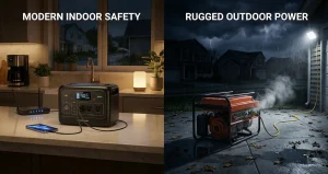 A split-screen image comparing emergency power sources. The left side, titled "MODERN INDOOR SAFETY," shows a portable power station on a kitchen counter powering a phone, router, and lamp during a power outage. The right side, titled "RUGGED OUTDOOR POWER," shows a gas generator running outside in the rain and dark, powering a floodlight with an extension cord.