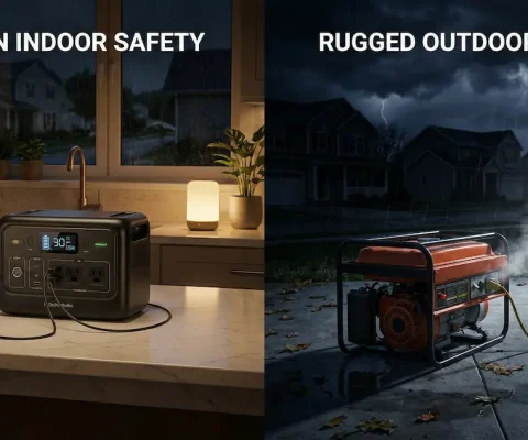 A Split-Screen Image Comparing Emergency Power Sources. The Left Side, Titled &Quot;Modern Indoor Safety,&Quot; Shows A Portable Power Station On A Kitchen Counter Powering A Phone, Router, And Lamp During A Power Outage. The Right Side, Titled &Quot;Rugged Outdoor Power,&Quot; Shows A Gas Generator Running Outside In The Rain And Dark, Powering A Floodlight With An Extension Cord.