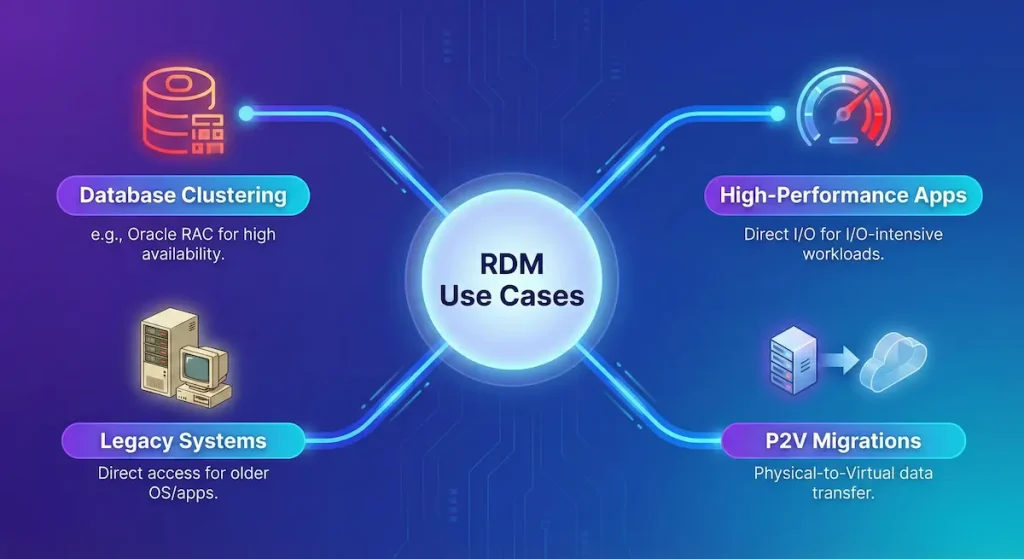 A mind map infographic with a central glowing node labeled "RDM Use Cases". Four branches extend to outer nodes with icons and text: "Database Clustering" with a database icon, "High-Performance Apps" with a speedometer icon, "Legacy Systems" with an old computer icon, and "P2V Migrations" with a physical-to-virtual server icon.