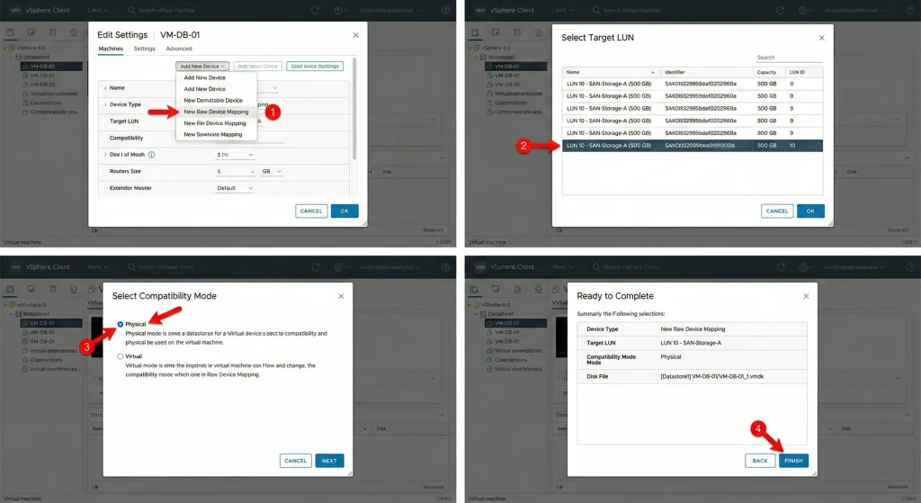 A composite image of four screenshots from the VMware vSphere Client 8.0 interface, showing the step-by-step process of adding a Raw Device Mapping disk to a virtual machine. Red arrows and numbers (1-4) guide the user through selecting "New Raw Device Mapping", choosing a Target LUN, selecting "Physical" compatibility mode, and confirming the settings.