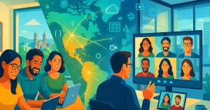 Diverse LATAM developers and US team collaborating remotely via video call, connected by glowing global map lines over Latin America, illustrating nearshore remote team synergy and agile collaboration.