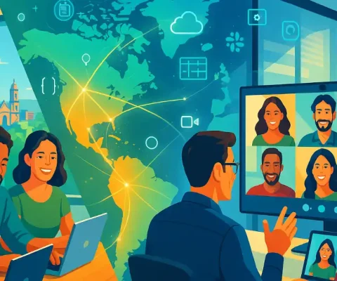 Diverse Latam Developers And Us Team Collaborating Remotely Via Video Call, Connected By Glowing Global Map Lines Over Latin America, Illustrating Nearshore Remote Team Synergy And Agile Collaboration.