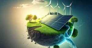 Vibrant conceptual illustration of Earth as a green oasis with solar panels and wind turbines on a floating island, symbolizing sustainable renewable energy systems powered by sun and wind for a cleaner planet future.