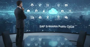 Business professional observing SAP S/4HANA Public Cloud icons on digital wall