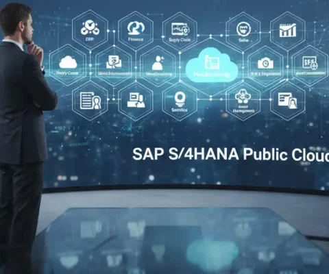 Business Professional Observing Sap S/4Hana Public Cloud Icons On Digital Wall