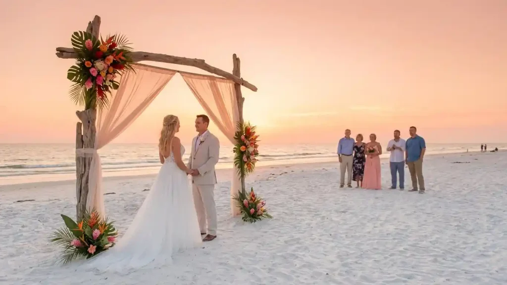 Couple exchanging vows on white sandy Sarasota beach with sunset backdrop