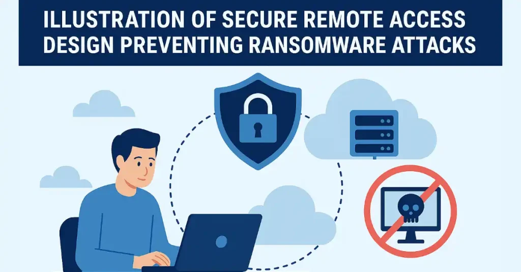 Illustration of secure remote access design preventing ransomware attacks
