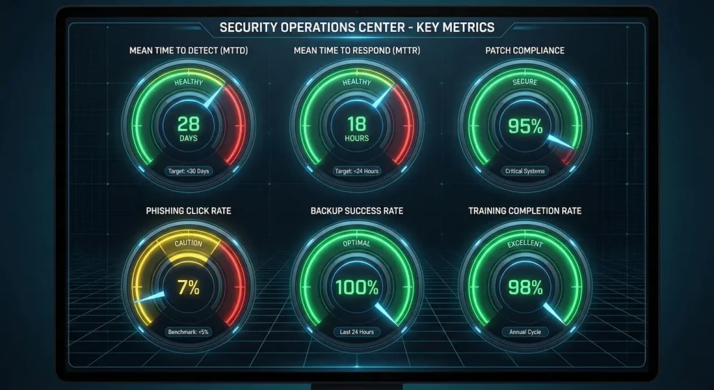 Cybersecurity metrics dashboard showing key performance indicators including detection time, response time, patch compliance and training completion rates